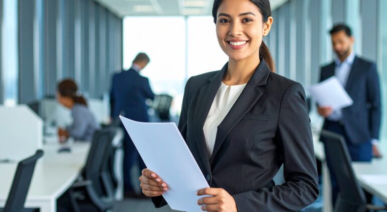 Firefly_Advogada segurando uma documentação em um escritório moderno 148705