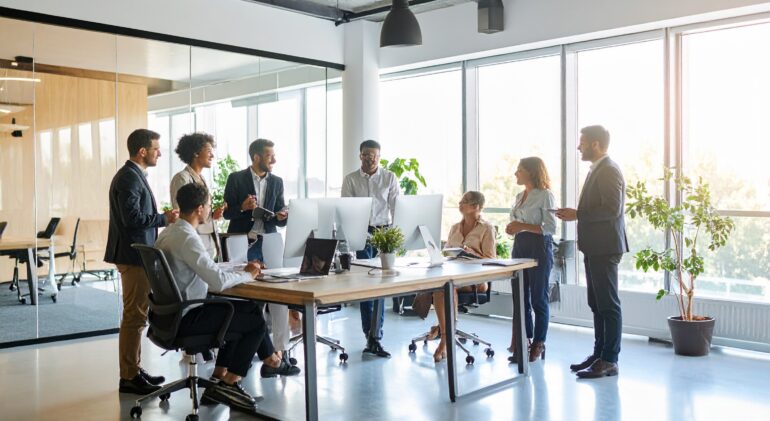 Firefly_Equipe de social mídia feliz em um escritório moderno 327953