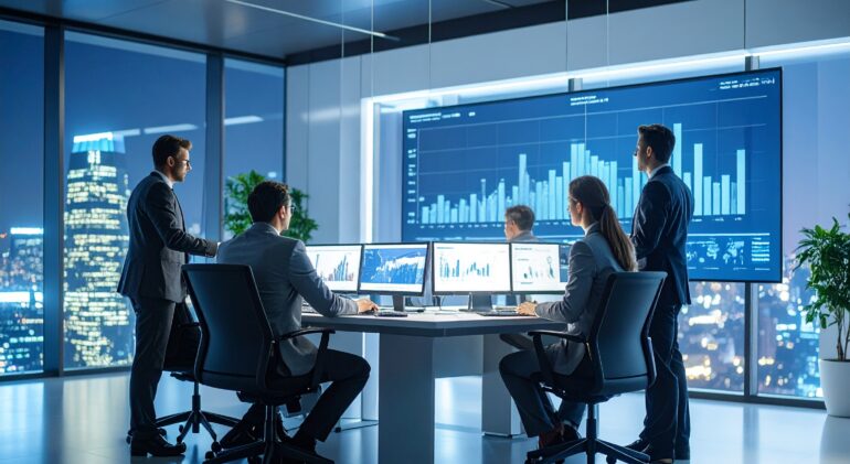 Firefly_time de 4 pessoas trabalhando escritório moderno com um gráfico de barras em um paine 327953