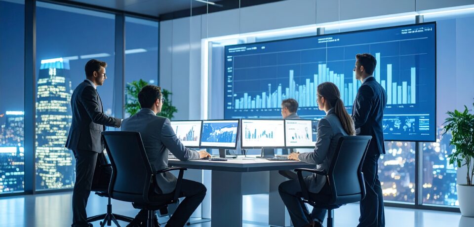 Firefly_time de 4 pessoas trabalhando escritório moderno com um gráfico de barras em um paine 327953